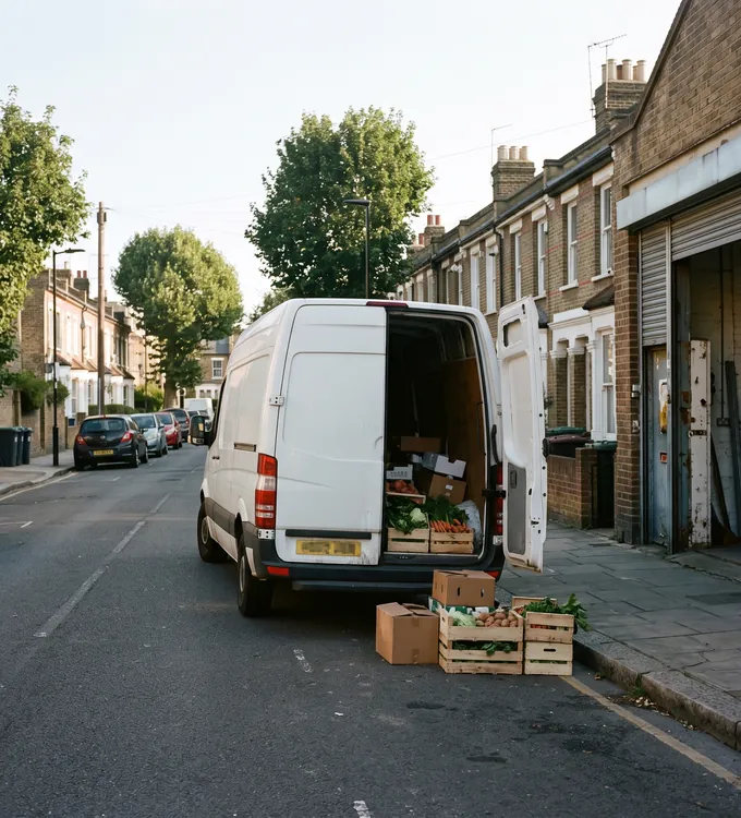 Delivery van being loaded with crates and cartons