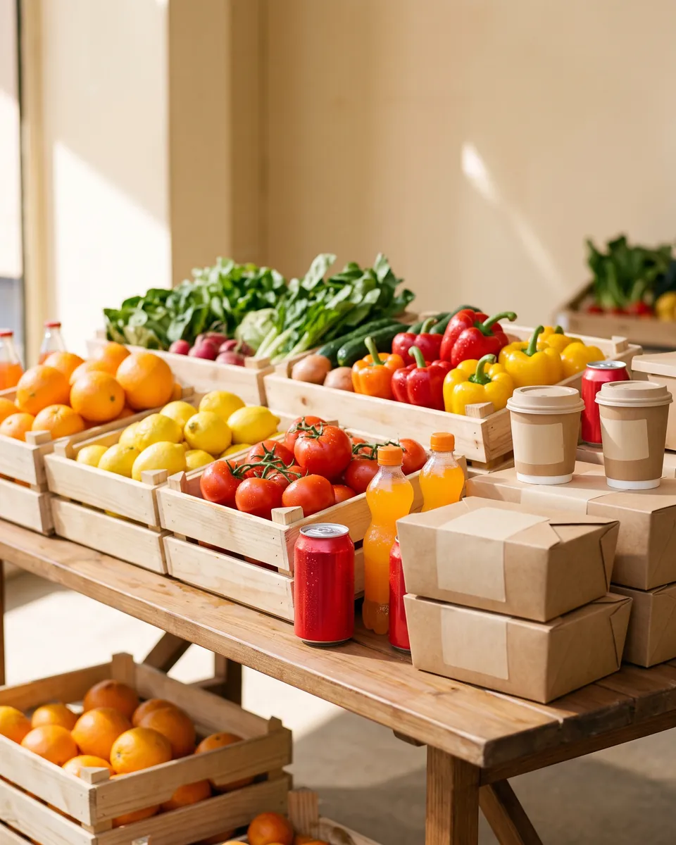 Kisten mit frischem Obst und Gemüse, Getränken und Kraftpapier-Verpackungen auf einem Markttisch
