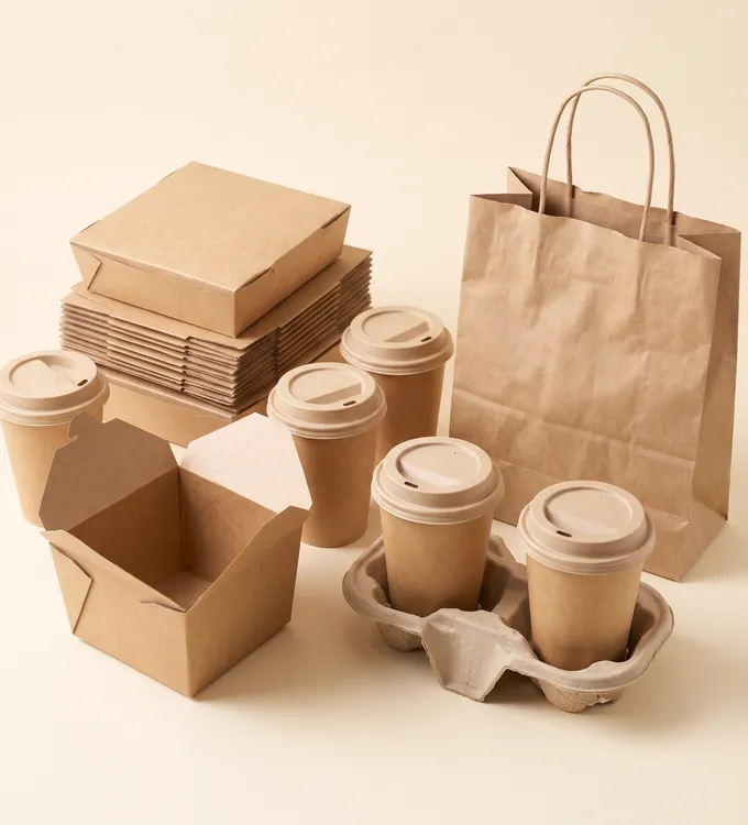 Kraft cardboard takeaway boxes and paper coffee cups stacked together